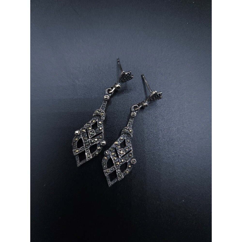 Vintage Art Deco Marcasite Long Dangle Flower 925 Sterling Silver Earrings
